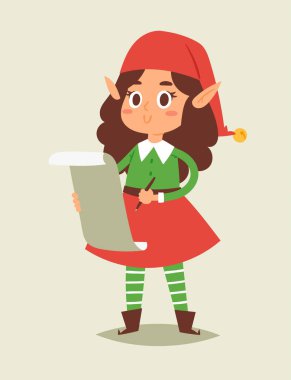 Noel elfs Noel Baba yardımcıları çizgi elfish kız genç kahramanlar geleneksel kostüm kutladı vektör çocuk çocuklar