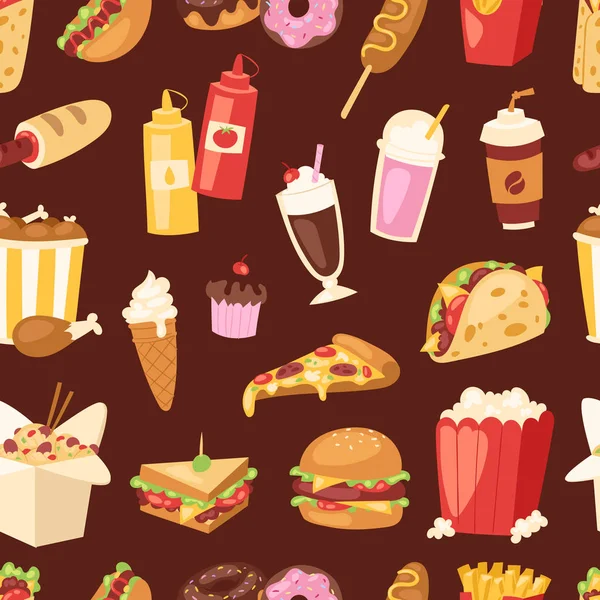 Fast food vektör sağlıksız karikatür burger sandviç, hamburger, pizza yemek fastfood Restoran Menü aperatif illüstrasyon. — Stok Vektör