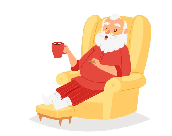 Noël Père Noël personnage vecteur pose illustration Noël homme en costume traditionnel rouge et Père Noël vieux grand-père repos à la maison — Image vectorielle