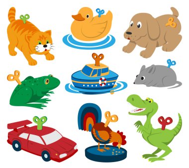 Kids vector toys clockwork key mechanism mechanic cartoon animals in toyshop for child clock work car and boat in playroom illustration isolated on white background clipart
