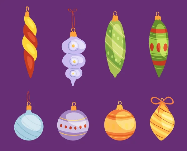 Los juguetes del árbol de Navidad vector decoraciones bolas, círculo, estrellas, campanas para decorar los juguetes del árbol de Navidad de Año Nuevo en las ramas ilustración — Archivo Imágenes Vectoriales