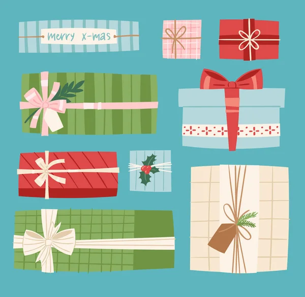 Geschenk box vector aanwezig verpakkingen Kerstmis of verjaardag vlakke afbeelding viering geschenkdoos boog object geïsoleerd op achtergrond — Stockvector