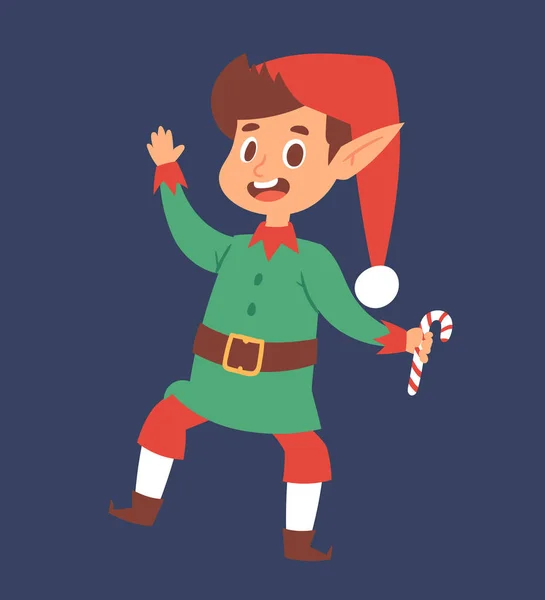 Natal elfos crianças vetor crianças Papai Noel ajudantes desenho animado elfish menino jovens personagens traje tradicional comemorado — Vetor de Stock