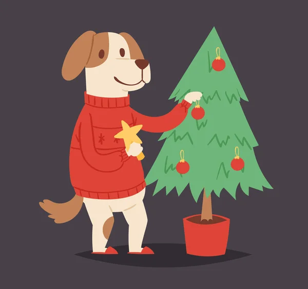 Natal cão vetor bonito desenho animado cachorro e árvore personagem ilustração animal de estimação cachorrinho Natal celebrar pose ilustração — Vetor de Stock