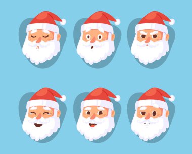 Noel Noel Baba baş duygu yüzler vektör ifade karakter pozlar illüstrasyon emojji Xmas adam kırmızı geleneksel kostüm ve Noel Baba şapkası