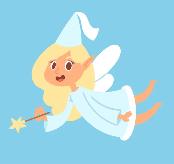 Fada bonito vetor menina princesa personagem adorável beleza conto de fadas anjo com asas e magia varinha voar ilustração —  Vetores de Stock