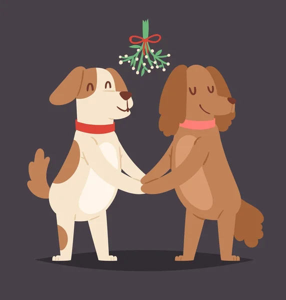 Χριστούγεννα σκύλος διάνυσμα Αγίου Βαλεντίνου ημέρα ζευγάρι φιλί χαριτωμένο καρτούν κουτάβι χαρακτήρες αγόρι και κορίτσι εικονογράφηση κατοικίδιο σκυλάκι Χριστούγεννα γιορτάζουν πόζα εικονογράφηση — Διανυσματικό Αρχείο