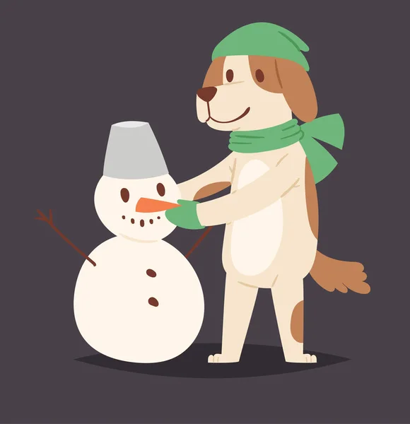 Natal cão vetor bonito desenho animado cachorrinho e boneco de neve personagem ilustração animal de estimação cachorrinho Natal celebrar pose ilustração — Vetor de Stock