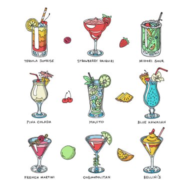 Kokteyl vektör alkol içecek alkollü tekila martini kokteyl cam ile pina colada mojito ve kozmopolit ya da içilebilir içme Bellini üzerinde beyaz arka plan illüstrasyon izole.