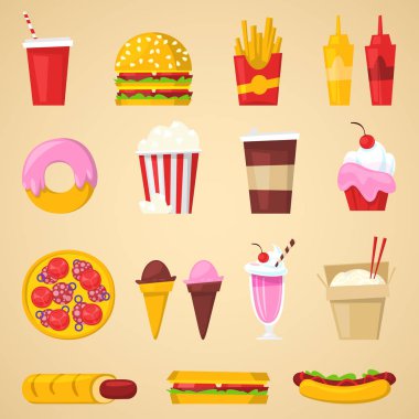 Fast food vektör beslenme Amerikan hamburger veya arka plan üzerinde çizburger sağlıksız beslenme kavramı önemsiz fast food aperatifler burger veya sandviç ve gazoz içki illüstrasyon izole