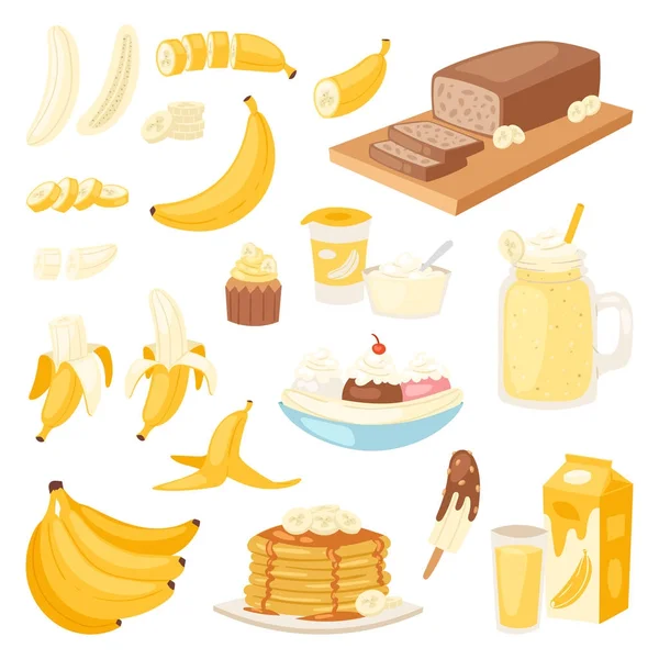 Banán sada vektorové banány produkty chléb omeleta nebo banánový s žlutá koktejlové a ovoce v čokoládové ilustrace bananapeel nebo kůže izolovaných na bílém pozadí — Stockový vektor