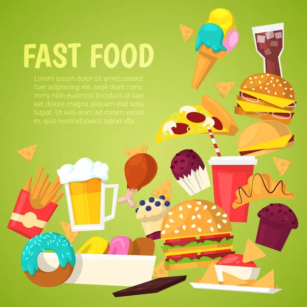 Fast food vettoriale nutrizione americana hamburger o cheeseburger malsano concetto di mangiare spazzatura snack fast-food hamburger o panino e bibita illustrazione sfondo — Vettoriale Stock