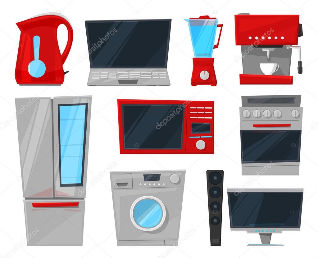 Household appliances electronic vector kitchen homeappliance for house set refrigerator or washing machine in appliancestore illustration isolated on white background