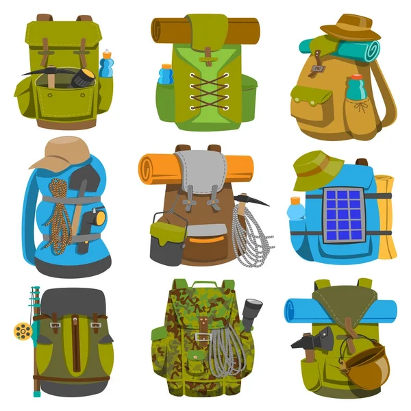 Mochila acampamento vetor mochila saco de viagem com equipamento turístico em caminhadas camping e escalada mochila esporte ou mochila conjunto ilustração isolada no fundo branco —  Vetores de Stock