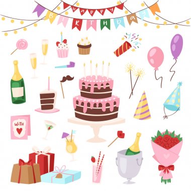 Doğum günü partisi vektör karikatür Childs'ın mutlu doğum pasta ya da kek kutlama hediyeler ile çocuklar ve mutlu doğum günü balonları çocuklar yıldönümü tatil için illüstrasyon izole arka plan üzerinde ayarla