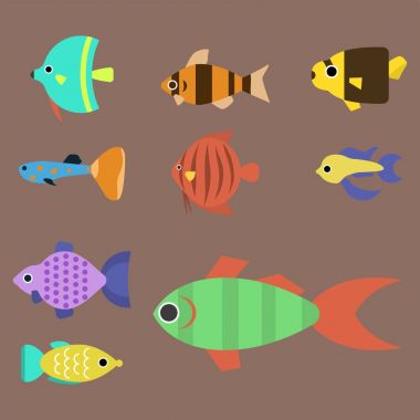 Egzotik tropik balık farklı doğurmak renkleri sualtı okyanus türlerin su zorlanma doğa düz vektör çizim yarış.