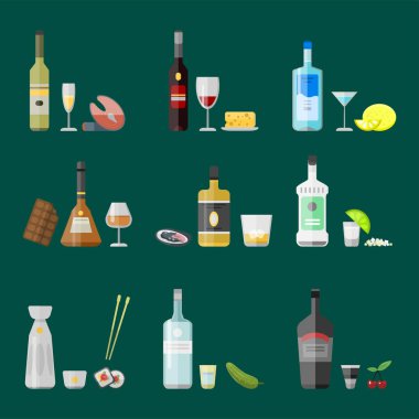 Alkol içki içecekler kokteyl meze şişe bira konteyner sarhoş farklı atıştırmalıklar gözlük vektör çizim.