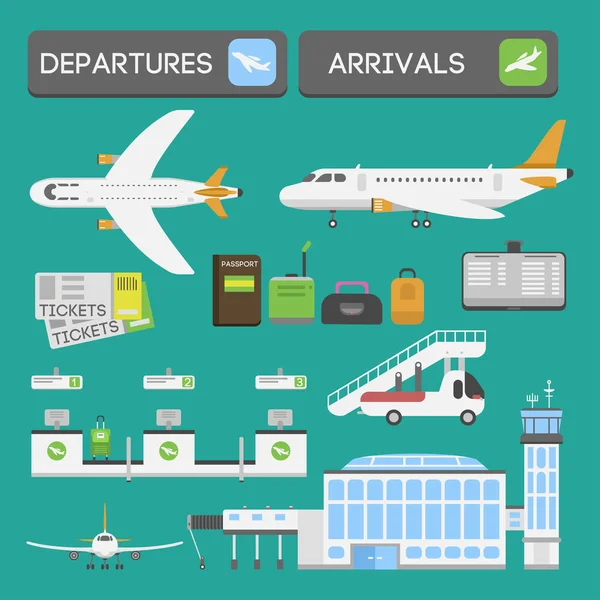 Flyg flygplats transport symboler platt design illustration station konceptet air port symboler avresa bagage planet business vektor — Stock vektor