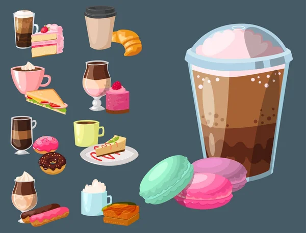 Dulces magdalenas de avellana delicioso pastel café taza mañana panadería postre pastelería bebida fresca cappuccino vector ilustración — Archivo Imágenes Vectoriales