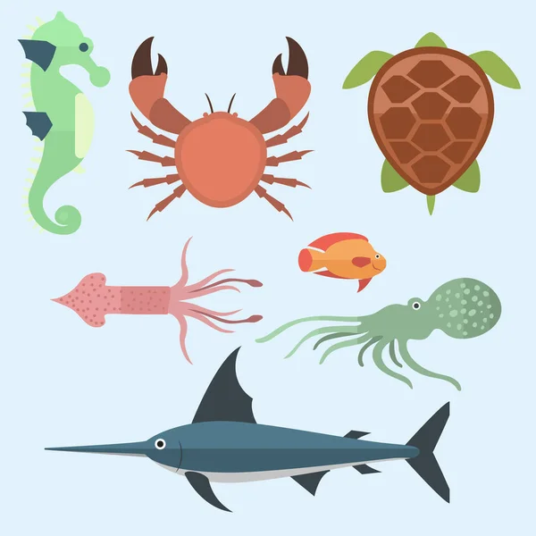 Vector sea animals creatures characters cartoon ocean underwater aquarium life water graphic aquatic tropical beasts illustration — Stock Vector