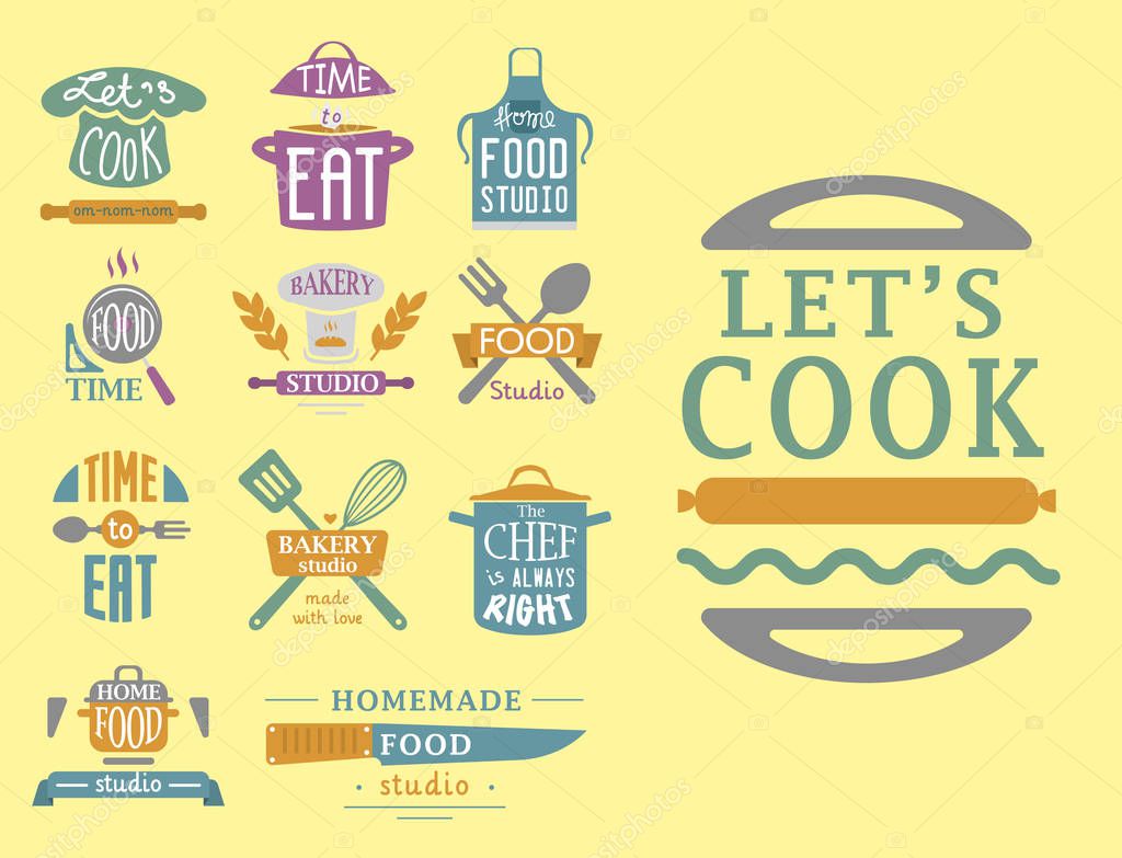 Cooking badge motivation text vector illustration bakery shop food logos typography and labels design elements. Tasty hight quality cafeteria menu vintage template emblem.