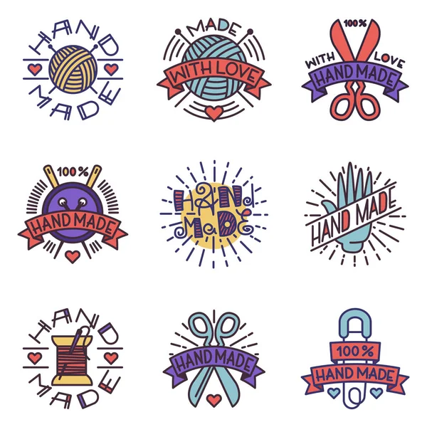 Insignias artesanales de costura hechos a mano costura de moda sastrería artesanía elementos vector ilustración . — Vector de stock