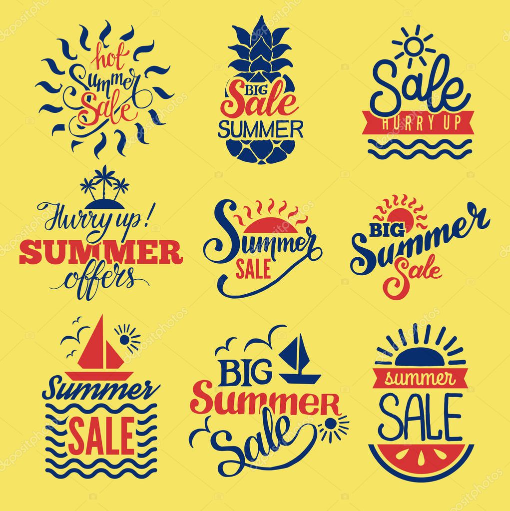 Summer sale logo clearance element vector badges isolated. Some shopping big mega hand drawn collection of labels.