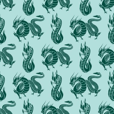 Çince ejderha siluetleri mitoloji seamless modeli kuyruk canavar sihirli simge Asya hayvan sanat vektör çizim dövme.