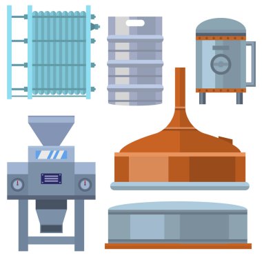 İşlem alkol fabrika üretim ekipman soğutma fermantasyon vektör çizim kaynama ezme bira bira.