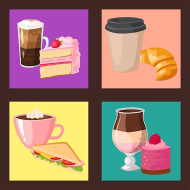 Tatlı Fındıklı kek lezzetli kek kahve fincanı sabah ekmek tatlı pasta taze içki kapuçino vektör çizim