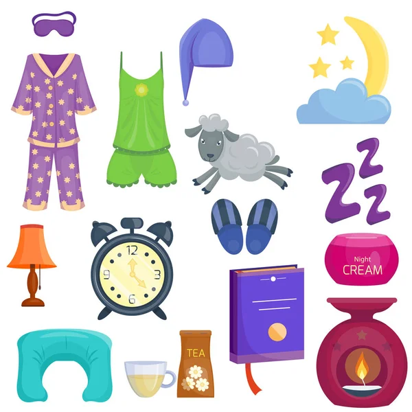 Alvás ikonok vektoros illusztráció set gyűjtemény nap ikon Hold pihenni lefekvés előtt éjjel ágy idő elemek. — Stock Vector