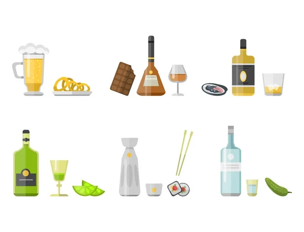 Alkohol italok italok koktél előétel üveg lager konténer részeg különböző harapnivalókat szemüveg vektoros illusztráció. — Stock Vector