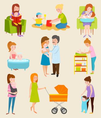 Vektör karakter farklı poz, hala kadın aile hayatı genç anne