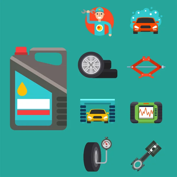 Auto autó javítási szolgáltatás szimbólumok elszigetelt shop munkavállaló karbantartási szállítás autóipari szerelő vektoros illusztráció. — Stock Vector