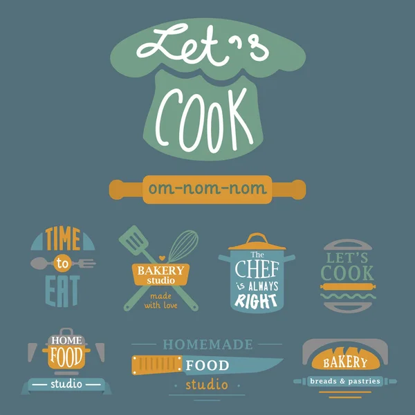 Cozinhar insígnia motivação vetor de texto ilustração padaria loja comida tipografia rótulos design elementos — Vetor de Stock