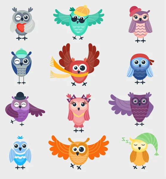 Cartoon owl night fly bird cartoon cute style vector set character different pose — Stock Vector
