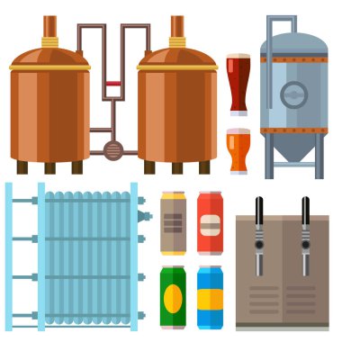 İşlem alkol fabrika üretim ekipman soğutma fermantasyon vektör çizim kaynama ezme bira bira.