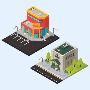 Vektör banka ve mağaza izometrik binalar izole