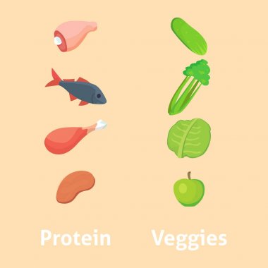Gıda yüksek protein sağlıklı sebzeler madde et ve ham grup beslenme sağlık superfood vektör illüstrasyon izole