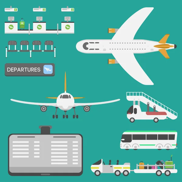 Sík reptéri közlekedési jelek lapos design illusztráció állomás koncepció air port szimbólumok indító poggyász sík üzleti vektor — Stock Vector