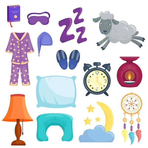 Sueño iconos vector ilustración conjunto colección siesta icono luna relajarse acostarse noche cama hora elementos . — Archivo Imágenes Vectoriales