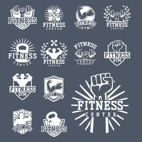 Monocromático fitness emblema design elemento ginásio clube esporte forte equipamento silhueta vetor ilustração . —  Vetores de Stock