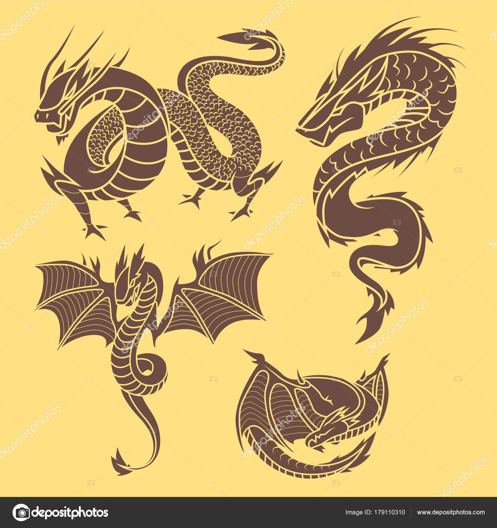 Chinese dragon silhouettes tattoo mythology tail monster magic icon asian  animal art vector illustration. Stock Vector Image by ©VectorShow #179110310