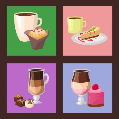 Tatlı Fındıklı kek lezzetli kek kahve fincanı sabah ekmek tatlı pasta taze içki kapuçino vektör çizim