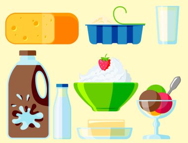 Süt süt ürünleri organik şişe sağlıklı yoğurt krem beslenme çiftlik kalsiyum kahvaltı vektör çizim iç.
