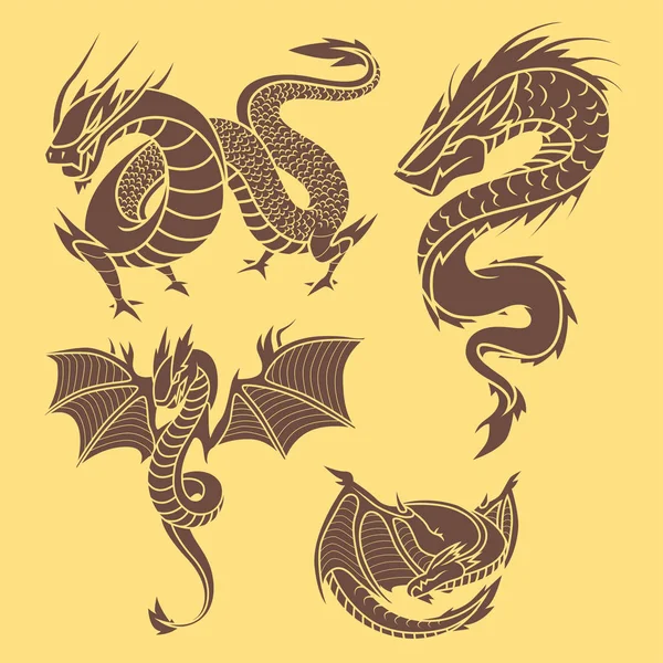 Sziluettek kínai sárkány tetoválás mitológia farok monster magic ikon ázsiai állati vektoros illusztráció. — Stock Vector
