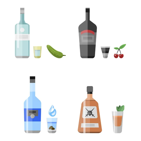 Bebidas alcohólicas bebidas cóctel aperitivo botella lager contenedor borracho diferentes bocadillos vasos vector ilustración . — Vector de stock