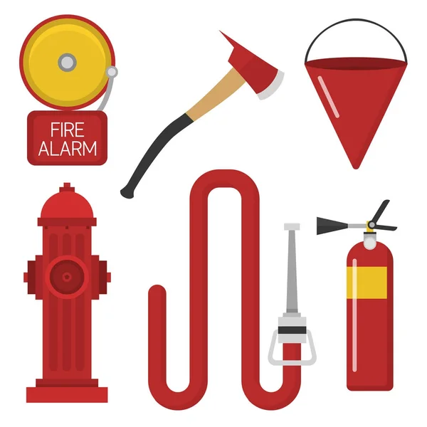 Brand veiligheid apparatuur emergency tools brandweerman veilige gevaar ongeval bescherming vectorillustratie. — Stockvector