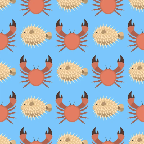 Vector sea animals creatures crab seamless pattern ocean underwater aquarium life water aquatic tropical beasts illustration — Stock Vector
