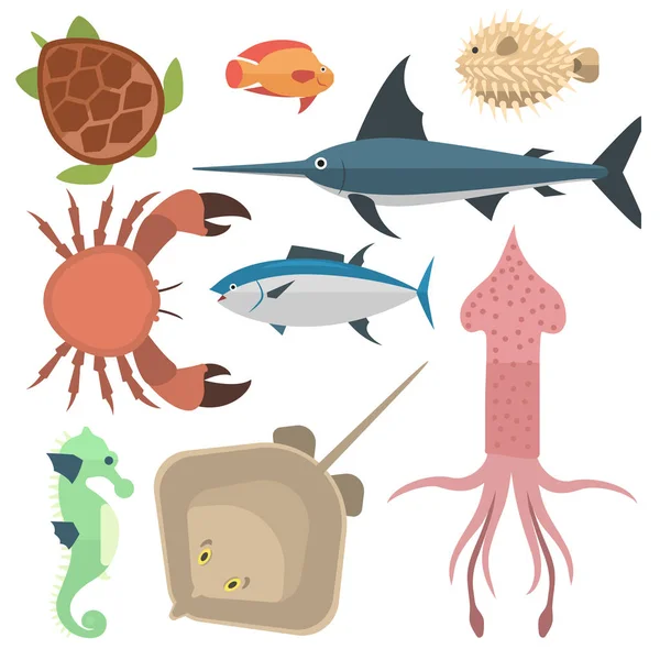 Vector animales marinos criaturas personajes dibujos animados océano acuario submarino vida agua gráfica animales tropicales acuáticos ilustración — Archivo Imágenes Vectoriales